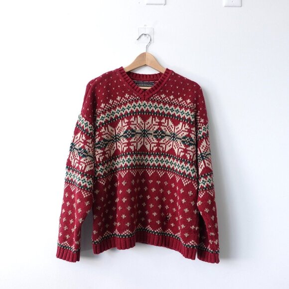 VINTAGE Abercrombie Fitch Sweater Large Red Holiday V Neck Nordic Heavy Knit 90s